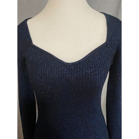 LOFT Navy Metallic Ribbed Knit Sweater Dress Long Sleeve Sz Sm NEW YEAR'S EVE - Picture 3 of 11